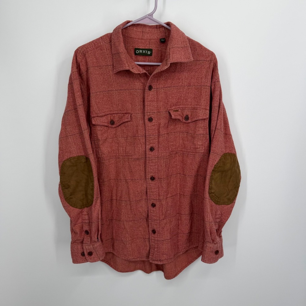 Orvis Flannel Button Down Mens Large Red Plaid Elbow Patches Cotton